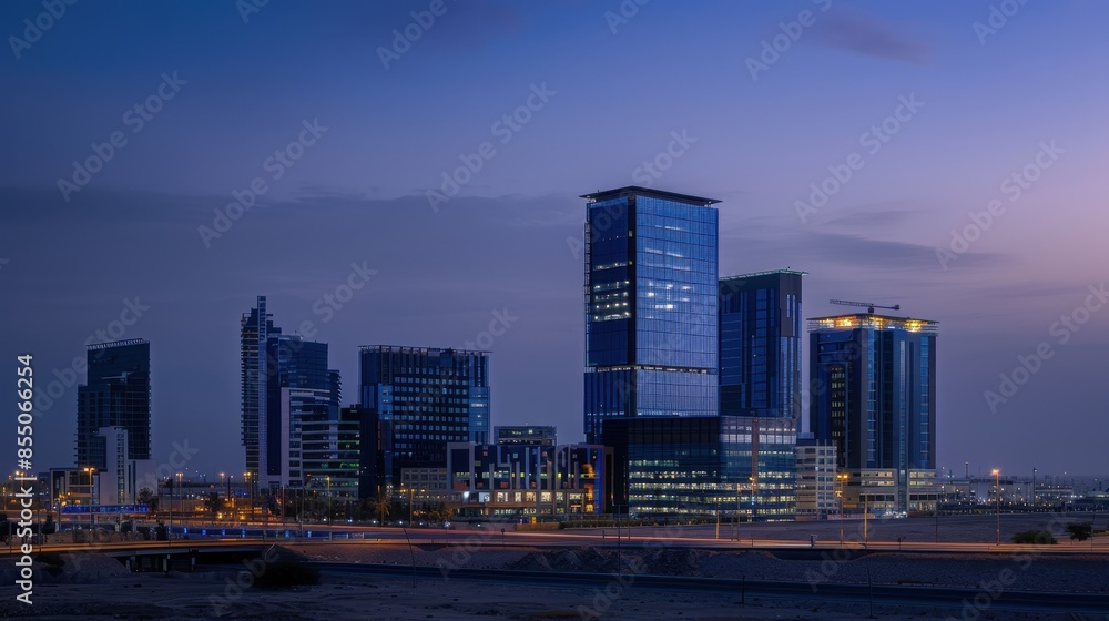 Fototapeta premium A city at night with a large building in the background. The sky is dark and the city is lit up with lights