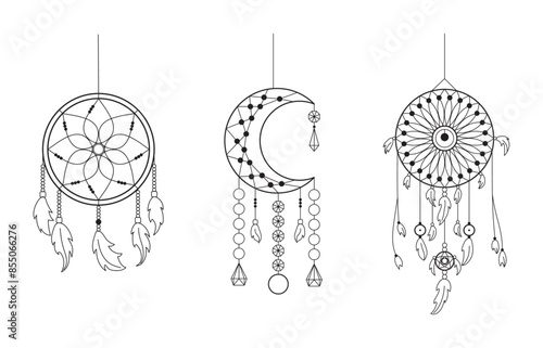 Set of dream catchers in circle, moon shapes with feathers in one line style isolated on white background for icons, stickers, posters, wallpapers
