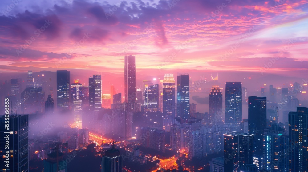 A city skyline at dusk, with iconic skyscrapers and vibrant lights coming to life as night falls A city skyline at dusk, with iconic skyscrapers and vibrant lights coming to life as night falls