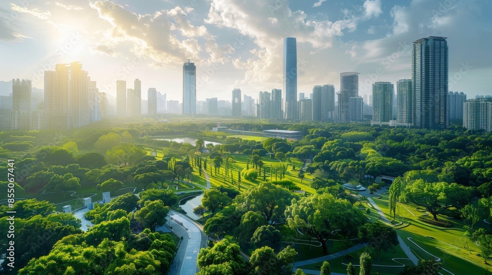 A cityscape with skyscrapers surrounded by lush green parks, blending nature with urban architecture A cityscape with skyscrapers surrounded by lush green parks, blending nature with urban architecture