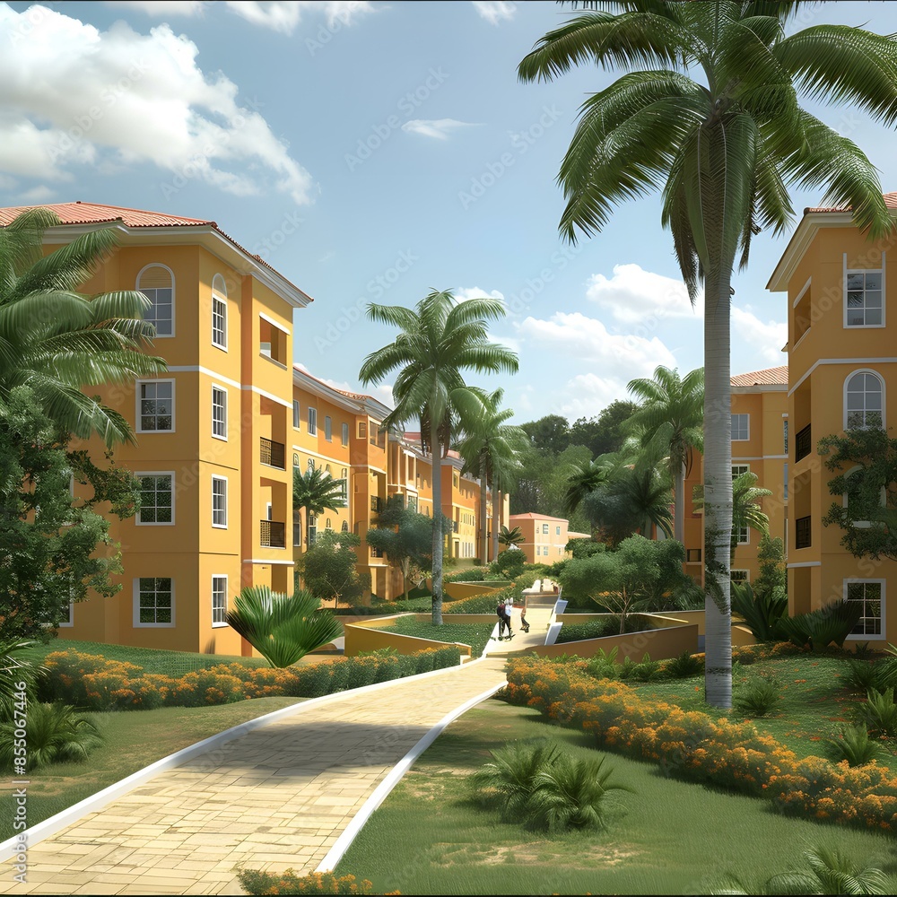 An illustration of a residential area with palm trees. An illustration of a residential area with palm trees.