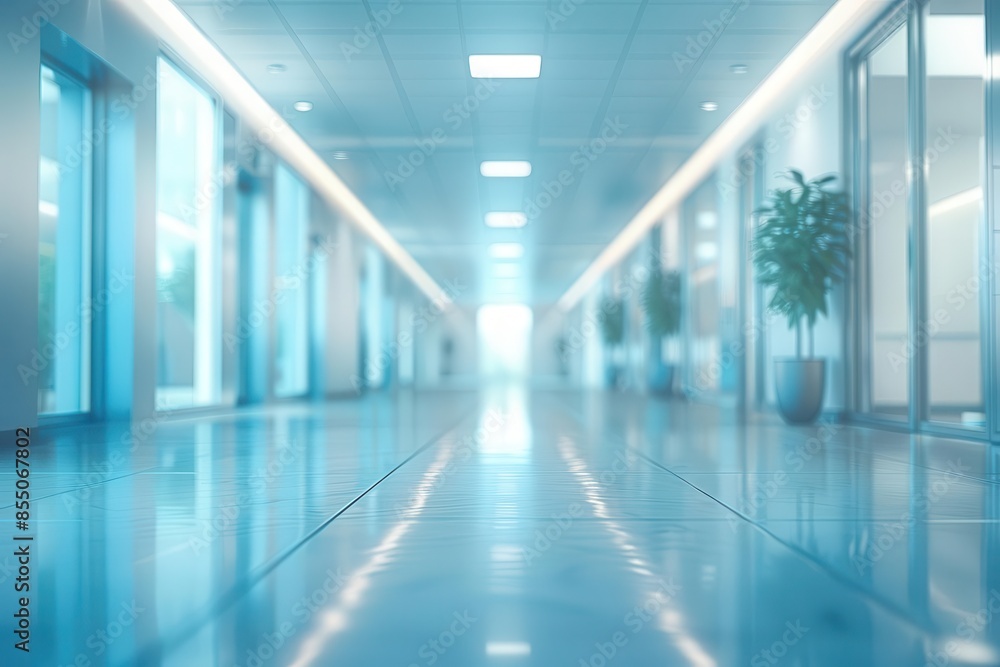 Beautiful panoramic image of a spacious office hallway with light blue blurred background, modern interior design, and bright natural lighting Copy space for text or logo Beautiful panoramic image of a spacious office hallway with light blue blurred background, modern interior design, and bright natural lighting Copy space for text or logo