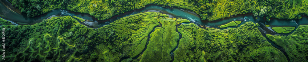 Overhead View of a Green Valley with Meandering River Overhead View of a Green Valley with Meandering River
