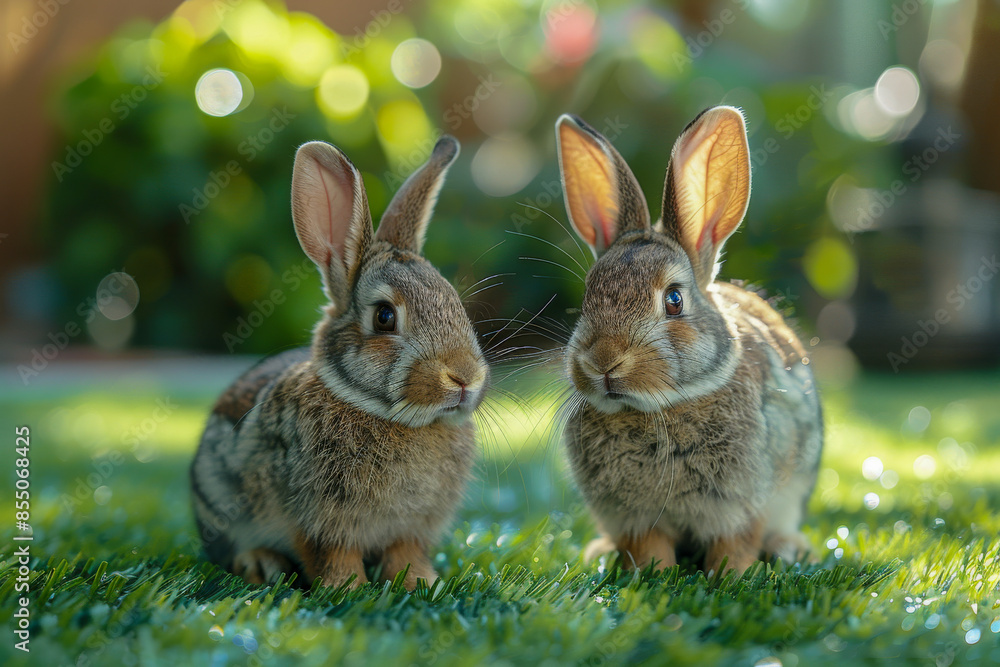 Young SoftCoated Rabbits in Shades of Brown on Grass Young SoftCoated Rabbits in Shades of Brown on Grass