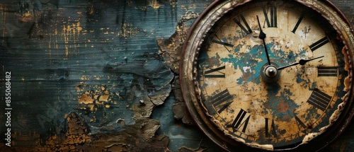 Vintage clock face with Roman numerals on a rustic wooden background.