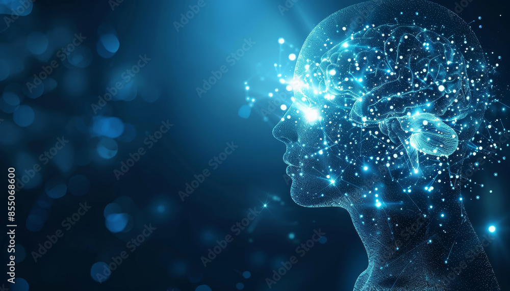 A blue brain with a light shining on it by AI generated image A blue brain with a light shining on it by AI generated image
