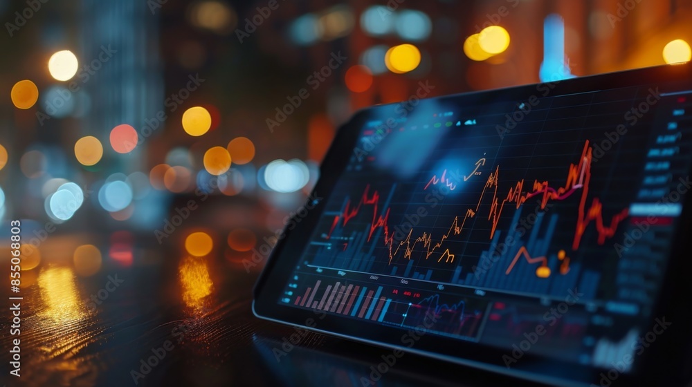 A digital tablet displaying real-time stock market data and candlestick charts A digital tablet displaying real-time stock market data and candlestick charts