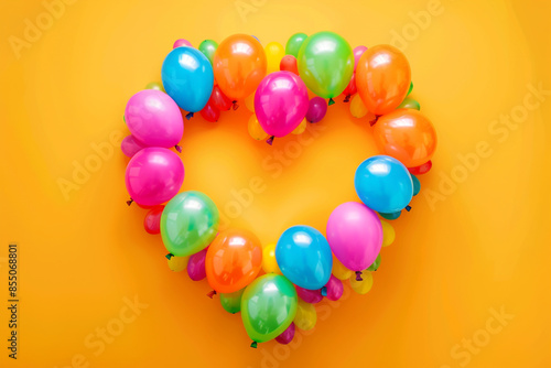 Balloons arranged in a heart shape in the center of a solid backdrop, each balloon bright and cheerful in color.