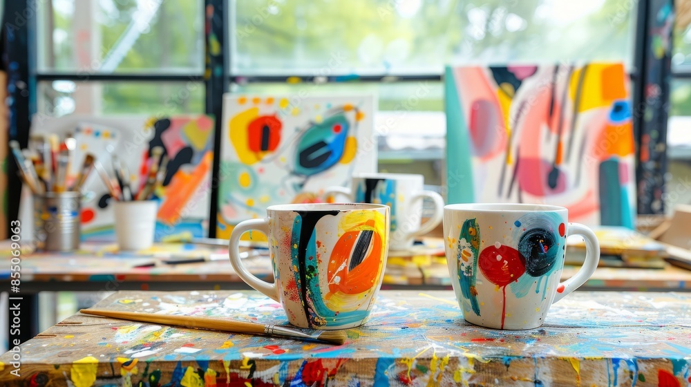 Fototapeta premium Hand Painted Mugs in Artistic Studio.