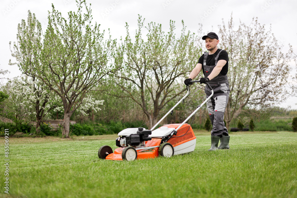 Professional gardener in protective apparel is mowing green grass lawn using modern gasoline cordless lawnmower at backyard. Seasonal landscaping design work. Blooming trees on background Professional gardener in protective apparel is mowing green grass lawn using modern gasoline cordless lawnmower at backyard. Seasonal landscaping design work. Blooming trees on background