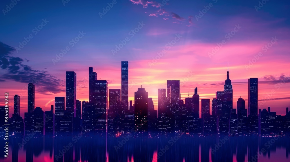 Fototapeta premium A dramatic skyline of a capital city at dawn, with towering skyscrapers silhouetted against the morning sky