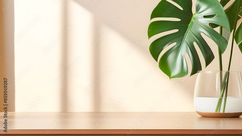 Monstera branches stand on the table in a glass vase against the background of a beige wall with a shadow from the window. Copy space Monstera branches stand on the table in a glass vase against the background of a beige wall with a shadow from the window. Copy space
