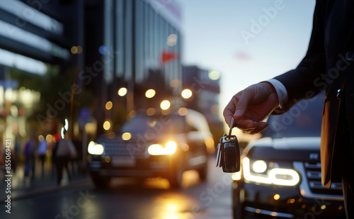 A close up photo of a hand holding the keys to a luxury vehicle. Car key handed to a valet to park a luxury vehicle. evening, shallow depth of field, dramatic light. Keys are handed over, sober