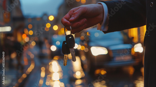 Keys are handed over, sober. Car keys are handed to a valet to park a vehicle. A close up view of a hand holding the keys to a luxury vehicle - evening, shallow depth of field, dramatic light.  photo