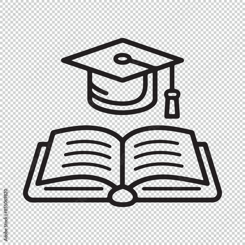 Simple graduation hat and book logo or icon, black vector illustration on transparent background