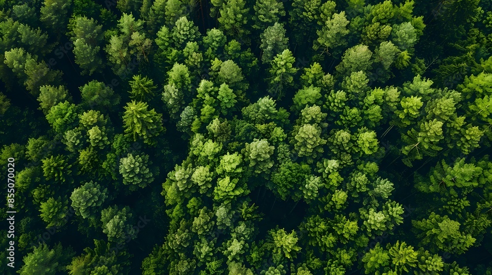 Fototapeta premium A forest with trees covered in fog. The trees are green and the sky is cloudy