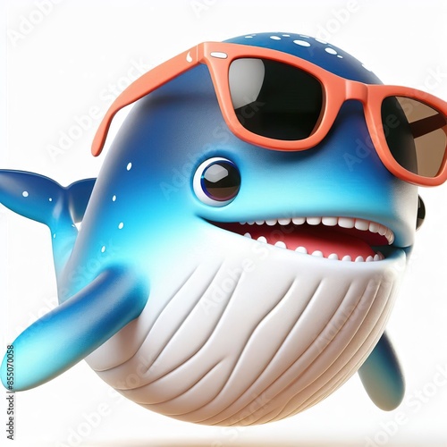  3D cartoon of a Happy Whale fish wearing sunglasses, full body isolated white background photo