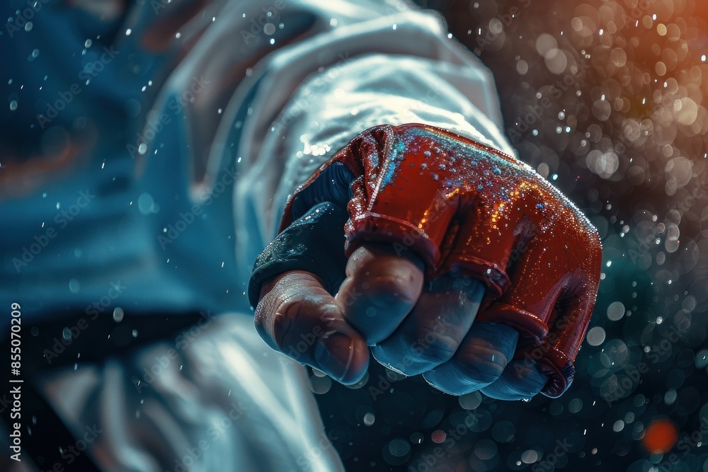 A hand with a red glove is shown in a blurry image. The hand is raised in a fist, and the glove is wet. The image has a moody and dramatic feel A hand with a red glove is shown in a blurry image. The hand is raised in a fist, and the glove is wet. The image has a moody and dramatic feel