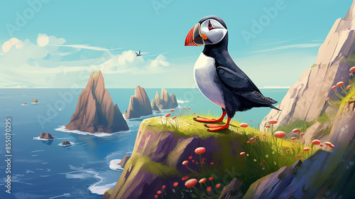 Atlantic_puffin_fratercula_arctica_standing_on_cliff photo