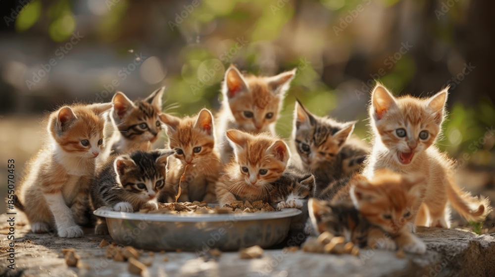 A group of kittens gathered around a communal food bowl, happily munching on their meal A group of kittens gathered around a communal food bowl, happily munching on their meal