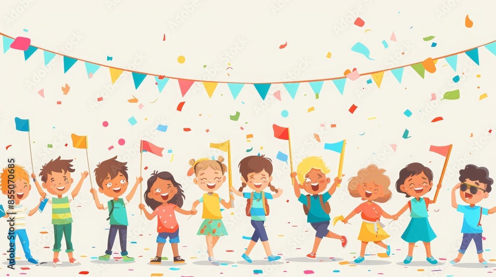 Group of diverse children joyfully waving flags and celebrating with confetti and colorful banners. Bright and cheerful illustration depicting unity and happiness. Group of diverse children joyfully waving flags and celebrating with confetti and colorful banners. Bright and cheerful illustration depicting unity and happiness.