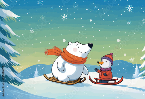 A Winter Adventure: A Polar Bear and Penguin Sledding in a Snowy Landscape photo