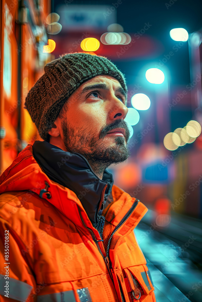 A man in an orange jacket and a brown hat is looking up at the sky A man in an orange jacket and a brown hat is looking up at the sky