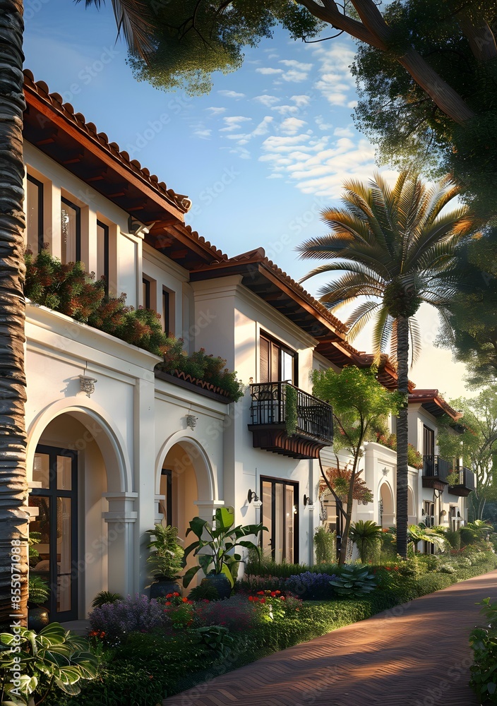 Modern mediterranean villa exterior with palm trees Modern mediterranean villa exterior with palm trees
