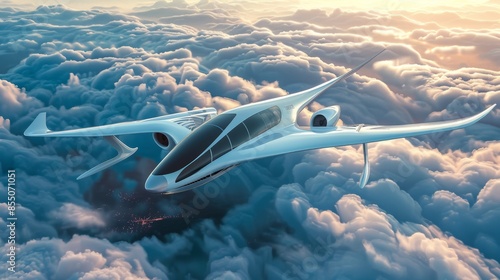 A futuristic hydrogen powered airplane flying above the clouds representing next generation sustainable air travel