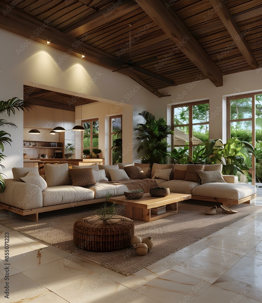 Fototapeta premium Bright and Airy Living Room With Vaulted Ceiling and Tropical Plants