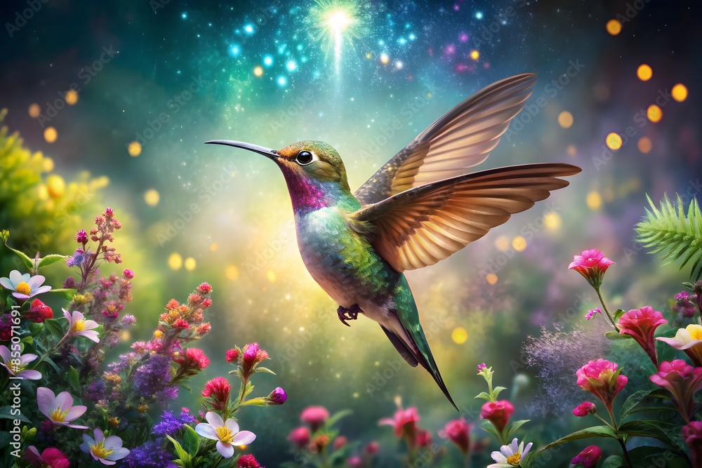 Fototapeta premium A Hummingbird Hovers In A Field Of Flowers, Surrounded By A Soft Glow.