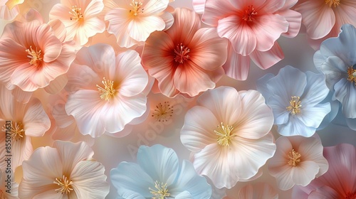 A delicate arrangement of pastel pink, white, and blue flowers, creating a soft and romantic background.
