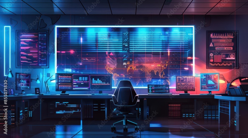 cyberpunk office interior with data analysis hologram futuristic technology concept illustration cyberpunk office interior with data analysis hologram futuristic technology concept illustration