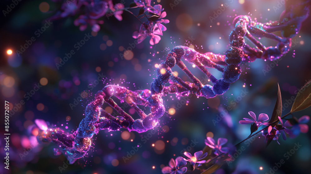 A glowing DNA strand floats amidst blooming purple flowers and sparkling bokeh, symbolizing the beauty and complexity of life. A glowing DNA strand floats amidst blooming purple flowers and sparkling bokeh, symbolizing the beauty and complexity of life.