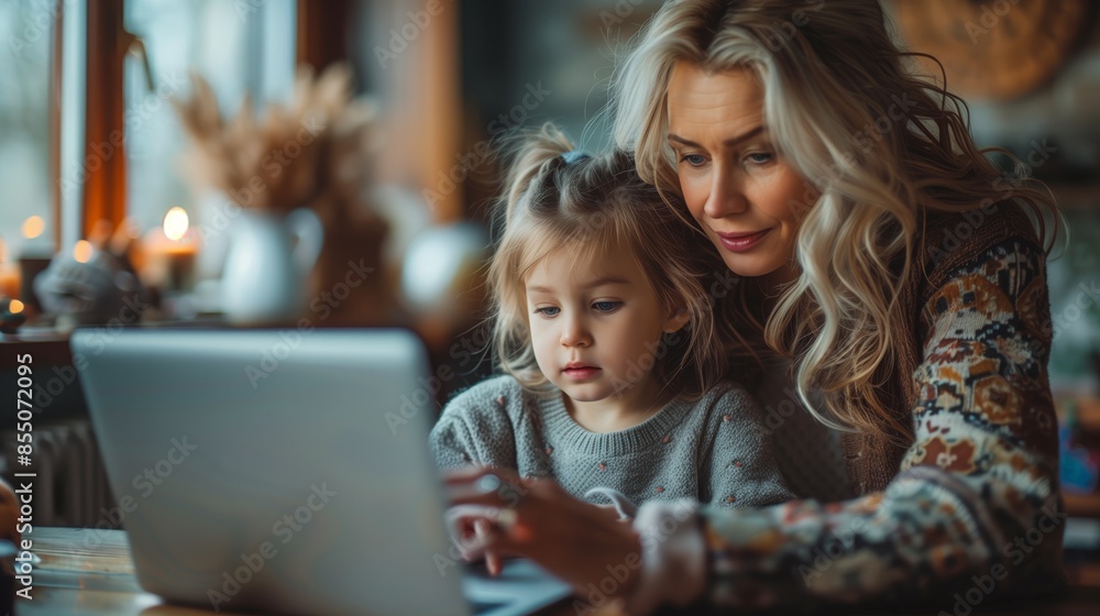A mother and daughter are sitting at a table indoors, using a laptop. A mother and daughter are sitting at a table indoors, using a laptop.