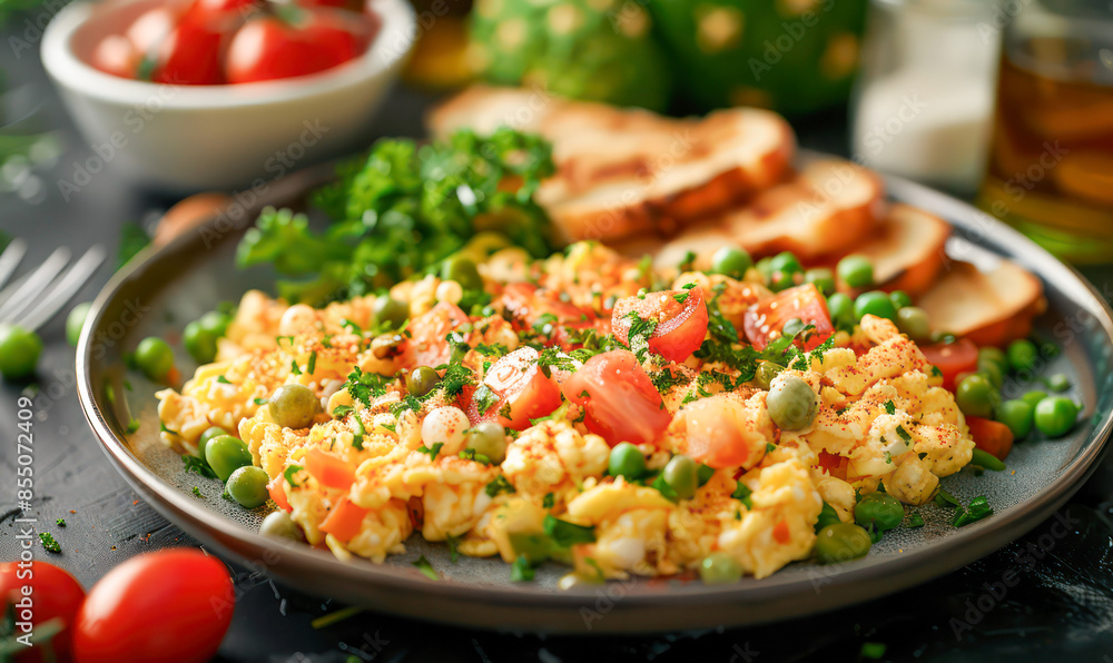 Scrambled eggs with vegetables on black plate.Generative AI Scrambled eggs with vegetables on black plate.Generative AI