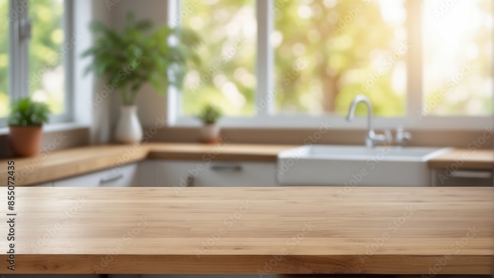empty wooden table top counter on blur defocused bokeh modern kitchen background for product montage empty wooden table top counter on blur defocused bokeh modern kitchen background for product montage