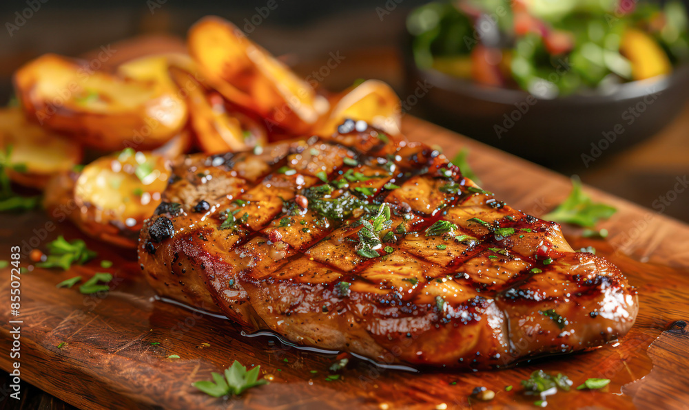 Grilled pork chop steak with baked potatoes and salad.Generative AI Grilled pork chop steak with baked potatoes and salad.Generative AI