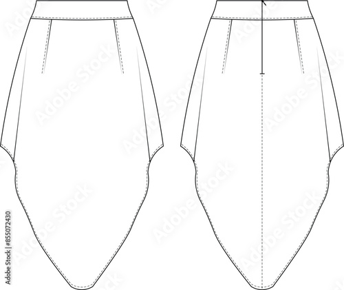 asymmetrical darted zippered short midi skirt template technical drawing flat sketch cad mockup fashion woman design style model
