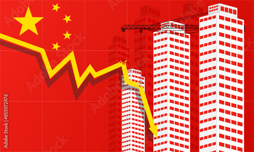 Chinese property sector crisis, financial crisis, China's Real Estate slump, flag of China and stock market decline	