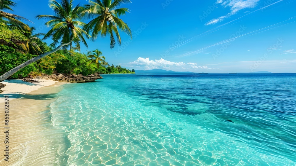 Fototapeta premium A beautiful beach with a palm tree in the foreground. The water is calm and clear, and the sky is blue