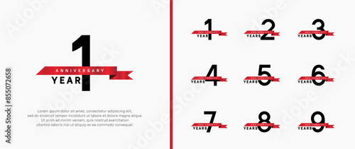 anniversary logo style set. vector design black color with red ribbon for celebration moment
