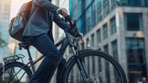 Close up view of a businessman wearing a neat suit and tie going to work by bicycle through the city streets. Background of tall urban office buildings.