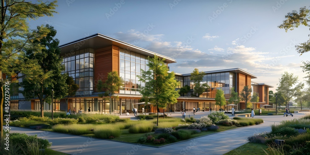 Fototapeta premium Modern Office Building with Landscaping and People