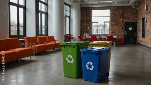 Plastic recycle bins eco banner in office building indoors outdoors city waste management service