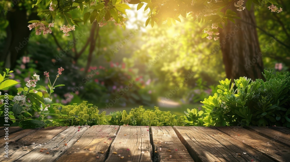 Green lush foliage and flowering branches in a spring garden, with an empty wooden table under natural sunlight Ideal for product displays and natureinspired content Green lush foliage and flowering branches in a spring garden, with an empty wooden table under natural sunlight Ideal for product displays and natureinspired content