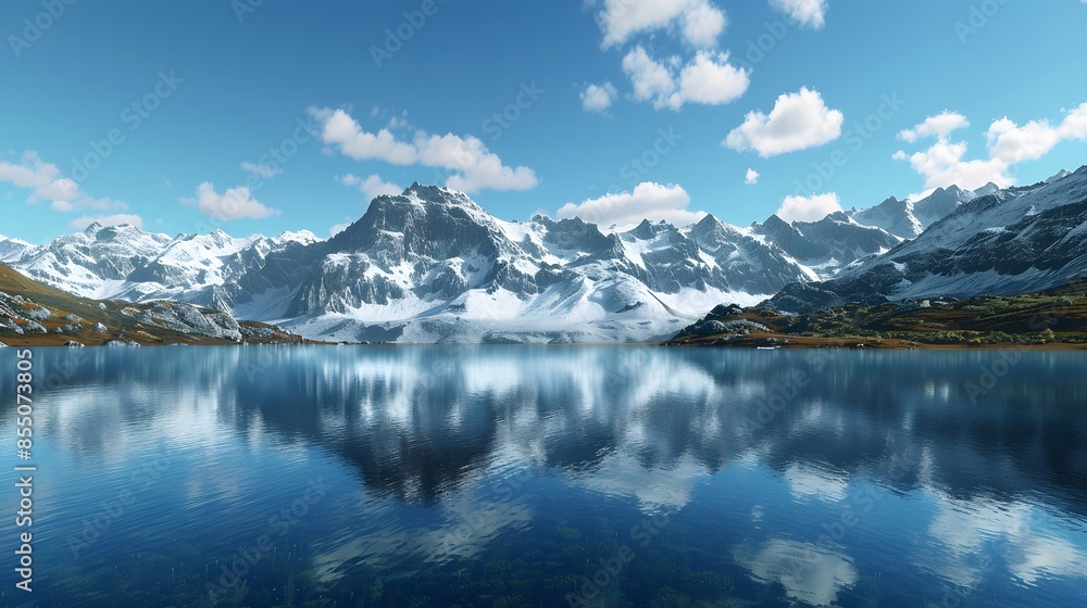 Fototapeta premium A beautiful, serene landscape of a frozen lake with mountains in the background. The water is calm and still, reflecting the surrounding mountains and sky. Concept of peace and tranquility