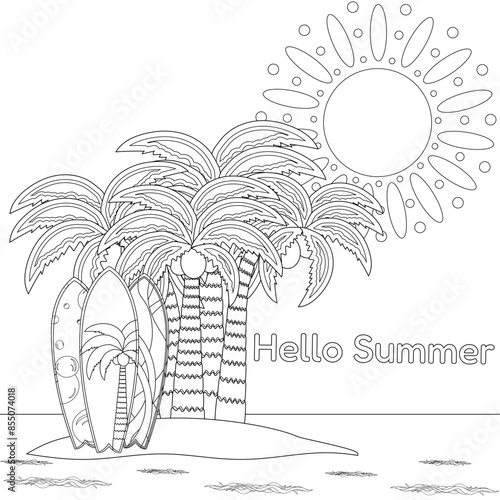 Black and white vector illustration of a tropical island with palm trees, surfboards, and a sun, perfect for a summertime coloring page.