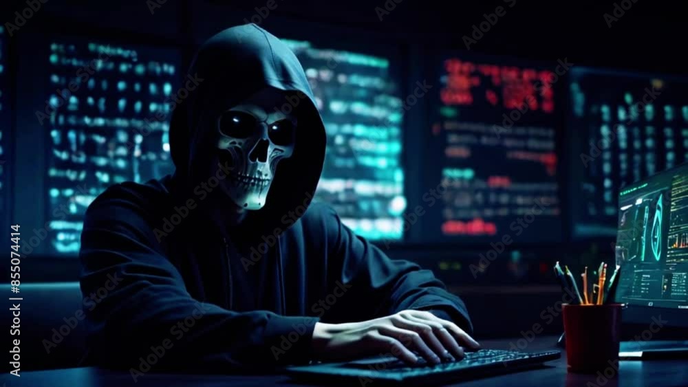 Grim Reaper hacker Using Laptop. Grim Reaper And Laptop. Cybersecurity and virus concept, 4K High-Quality Animation Video Grim Reaper hacker Using Laptop. Grim Reaper And Laptop. Cybersecurity and virus concept, 4K High-Quality Animation Video