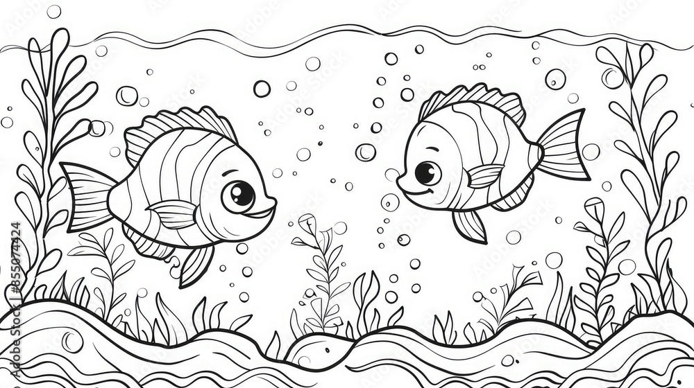 Fototapeta premium coloring book for kids. Coloring book fish. Children's coloring book black and white, fish swim and seaweed. Generative Ai